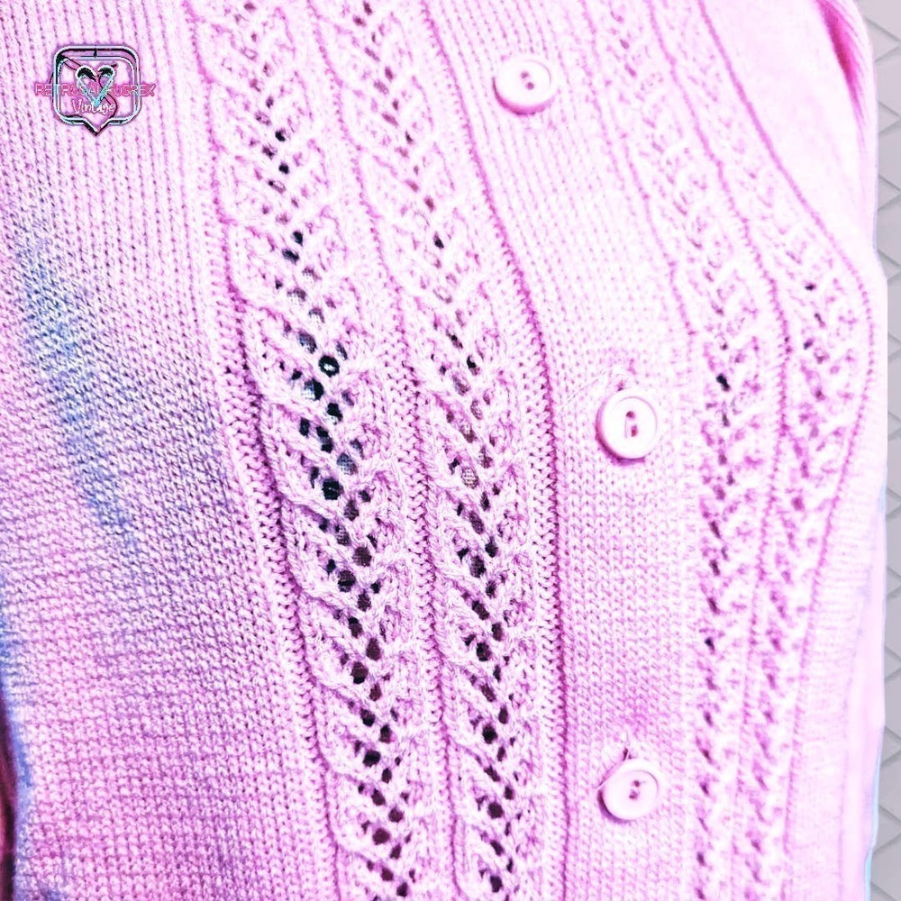 VINTAGE 1960's Barbie Pink Button Up Knit Cardigan Sweater, Large - Picture 4 of 6